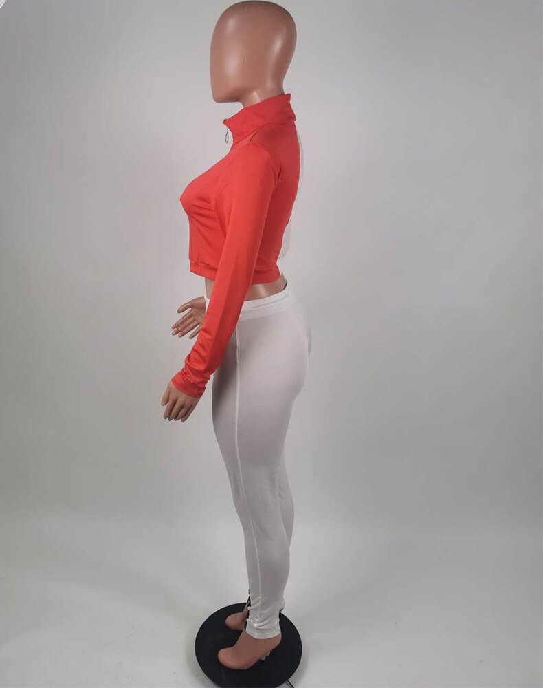 Color Patchwork Sports Two Piece Set Long Sleeve Zipper Crop Top Pencil Pants Tracksuit Workout Push Up Running Energy Suit - Vimost Shop