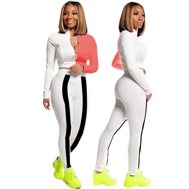 Color Patchwork Sports Two Piece Set Long Sleeve Zipper Crop Top Pencil Pants Tracksuit Workout Push Up Running Energy Suit - Vimost Shop