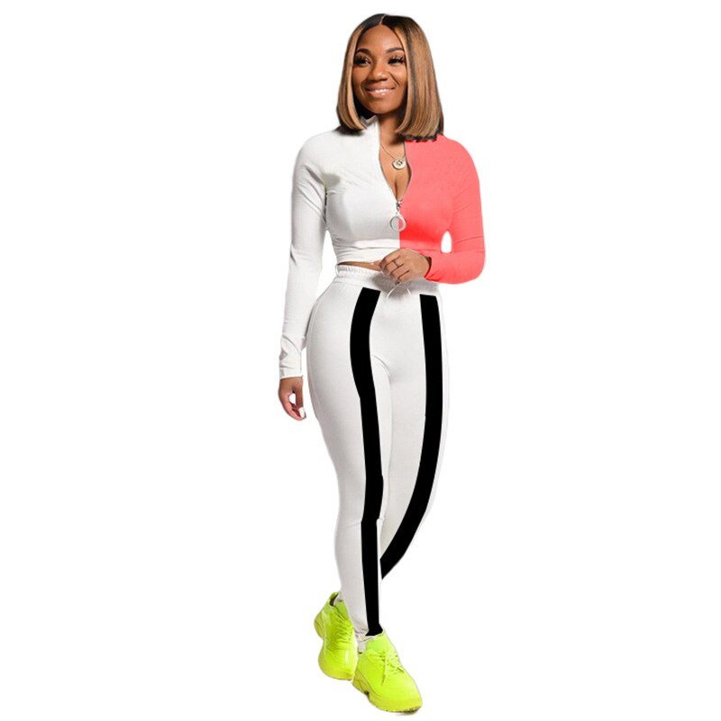 Color Patchwork Sports Two Piece Set Long Sleeve Zipper Crop Top Pencil Pants Tracksuit Workout Push Up Running Energy Suit - Vimost Shop