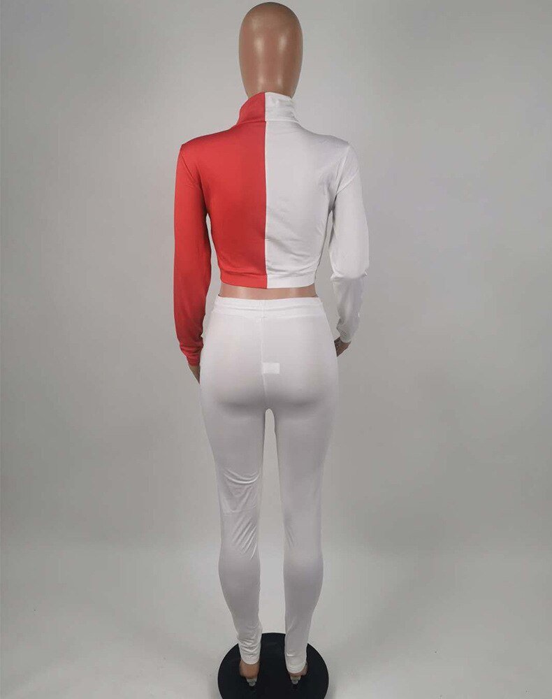 Color Patchwork Sports Two Piece Set Long Sleeve Zipper Crop Top Pencil Pants Tracksuit Workout Push Up Running Energy Suit - Vimost Shop