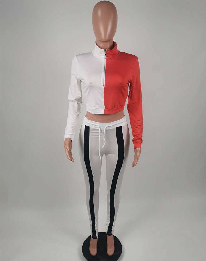 Color Patchwork Sports Two Piece Set Long Sleeve Zipper Crop Top Pencil Pants Tracksuit Workout Push Up Running Energy Suit - Vimost Shop
