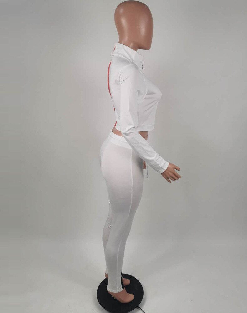 Color Patchwork Sports Two Piece Set Long Sleeve Zipper Crop Top Pencil Pants Tracksuit Workout Push Up Running Energy Suit - Vimost Shop