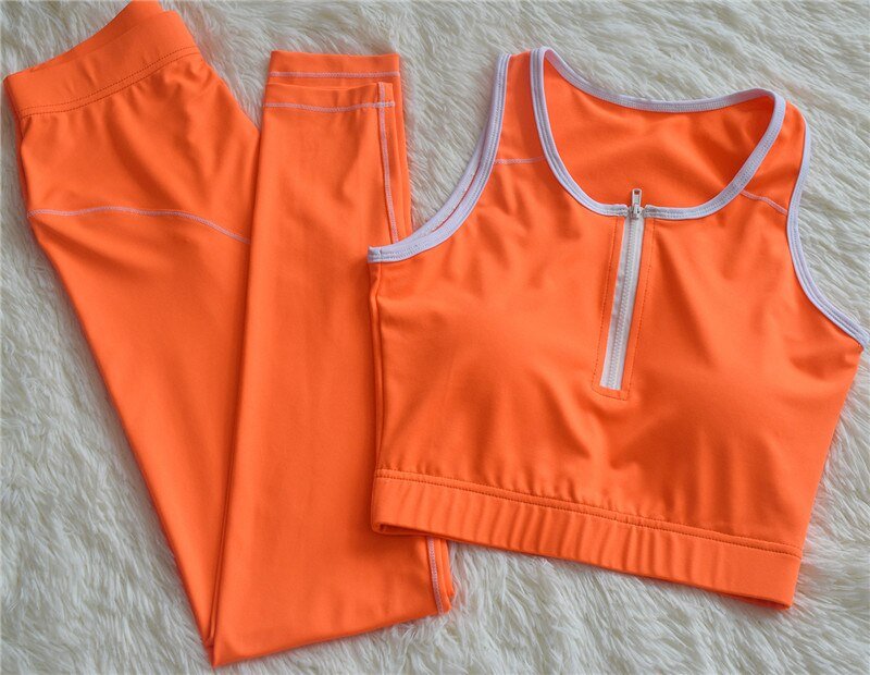 Color Patchwork Women 2 PCS Yoga Set Zipper Sleeveless Vest Top Fitness Leggings GYM Workout Pants Running Suit Sportswear - Vimost Shop
