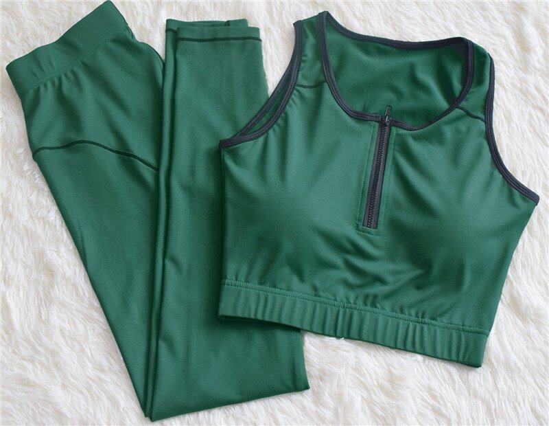 Color Patchwork Women 2 PCS Yoga Set Zipper Sleeveless Vest Top Fitness Leggings GYM Workout Pants Running Suit Sportswear - Vimost Shop