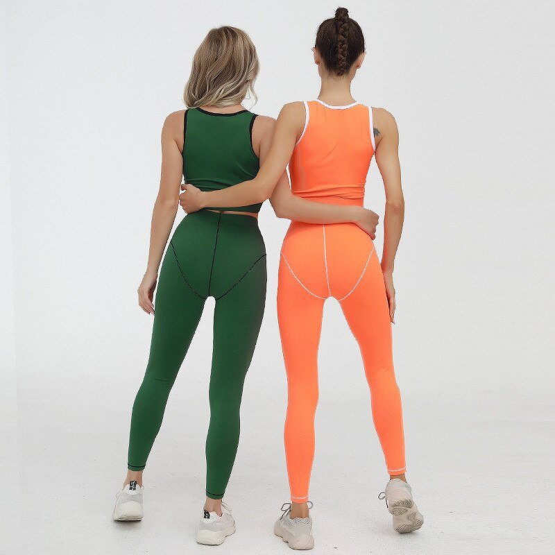 Color Patchwork Women 2 PCS Yoga Set Zipper Sleeveless Vest Top Fitness Leggings GYM Workout Pants Running Suit Sportswear - Vimost Shop