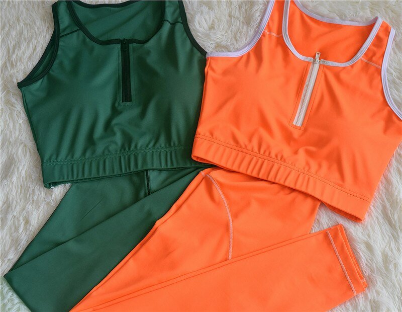 Color Patchwork Women 2 PCS Yoga Set Zipper Sleeveless Vest Top Fitness Leggings GYM Workout Pants Running Suit Sportswear - Vimost Shop