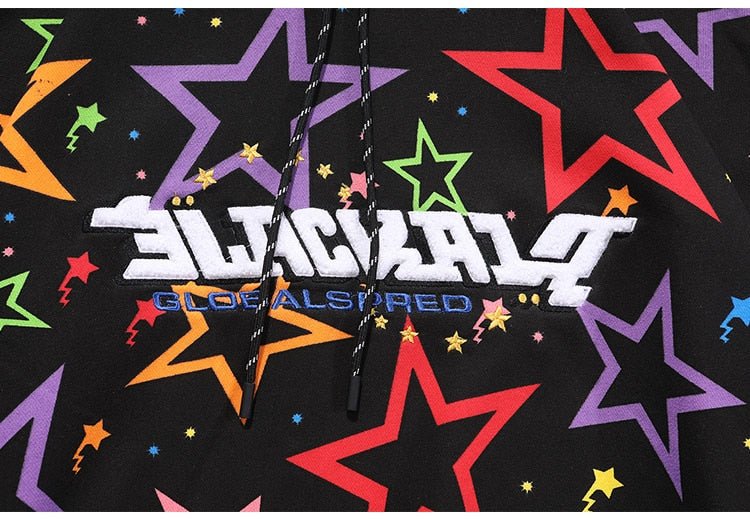 Colorful Star Print Letter Patch Hoodie Men Baggy Sweatshirt Pullover Harajuku High Street Hip Hop Style Streetwear Men - Vimost Shop