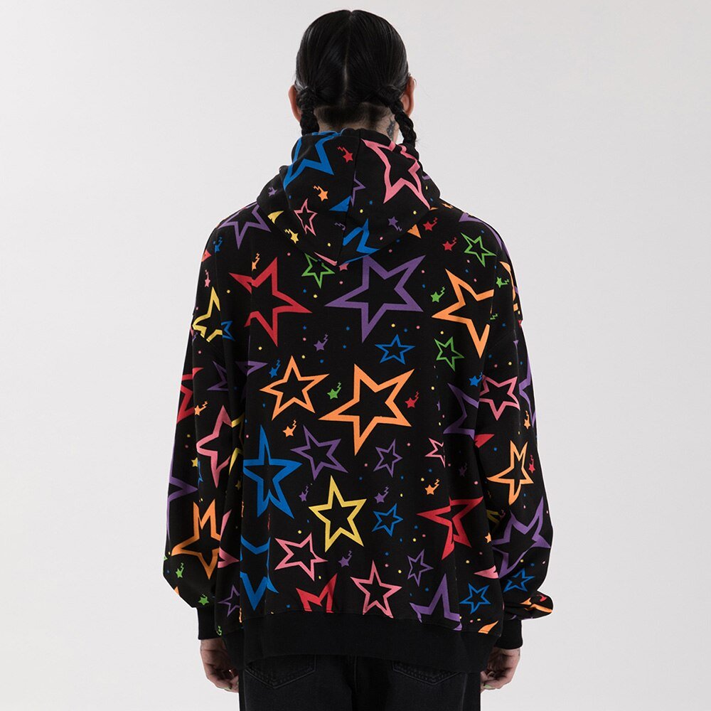 Colorful Star Print Letter Patch Hoodie Men Baggy Sweatshirt Pullover Harajuku High Street Hip Hop Style Streetwear Men - Vimost Shop
