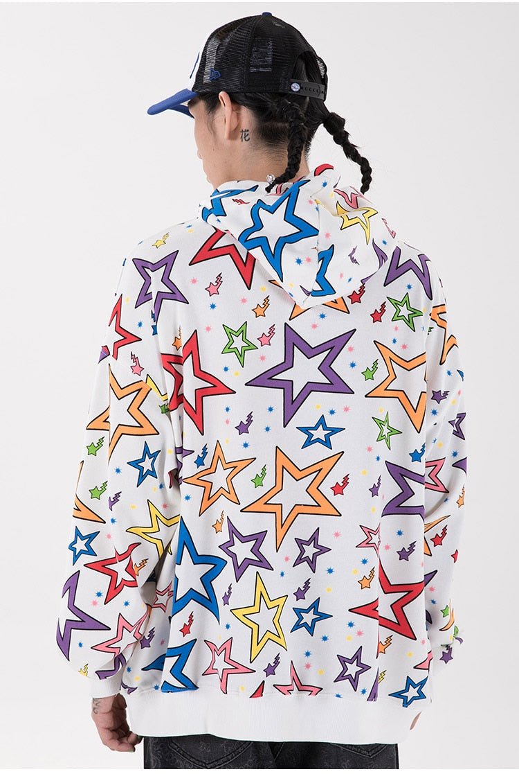 Colorful Star Print Letter Patch Hoodie Men Baggy Sweatshirt Pullover Harajuku High Street Hip Hop Style Streetwear Men - Vimost Shop