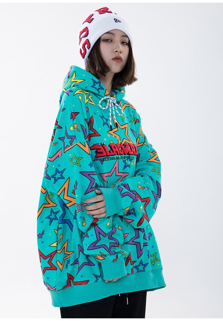 Colorful Star Print Letter Patch Hoodie Men Baggy Sweatshirt Pullover Harajuku High Street Hip Hop Style Streetwear Men - Vimost Shop