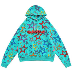 Colorful Star Print Letter Patch Hoodie Men Baggy Sweatshirt Pullover Harajuku High Street Hip Hop Style Streetwear Men - Vimost Shop
