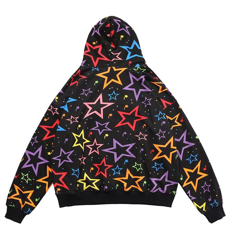 Colorful Star Print Letter Patch Hoodie Men Baggy Sweatshirt Pullover Harajuku High Street Hip Hop Style Streetwear Men - Vimost Shop