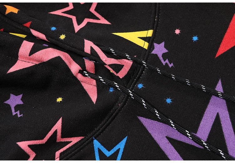 Colorful Star Print Letter Patch Hoodie Men Baggy Sweatshirt Pullover Harajuku High Street Hip Hop Style Streetwear Men - Vimost Shop