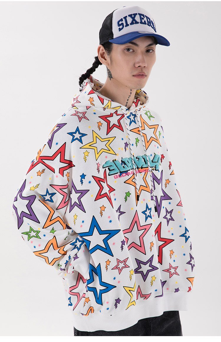 Colorful Star Print Letter Patch Hoodie Men Baggy Sweatshirt Pullover Harajuku High Street Hip Hop Style Streetwear Men - Vimost Shop