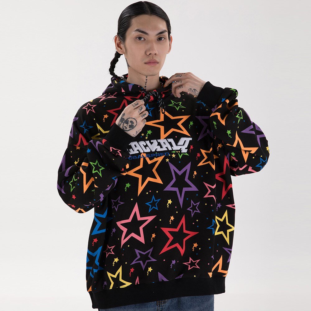 Colorful Star Print Letter Patch Hoodie Men Baggy Sweatshirt Pullover Harajuku High Street Hip Hop Style Streetwear Men - Vimost Shop