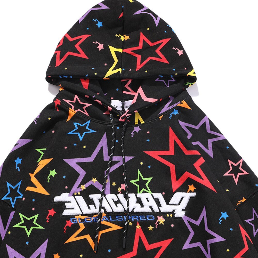 Colorful Star Print Letter Patch Hoodie Men Baggy Sweatshirt Pullover Harajuku High Street Hip Hop Style Streetwear Men - Vimost Shop