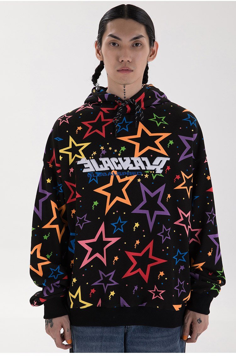 Colorful Star Print Letter Patch Hoodie Men Baggy Sweatshirt Pullover Harajuku High Street Hip Hop Style Streetwear Men - Vimost Shop