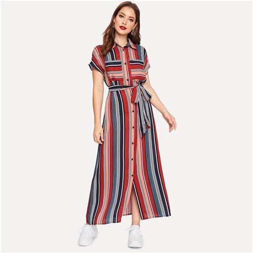Colorful Striped Belted Hijab Shirt Dress Women Chic Spring Summer Button Short Sleeve Pocket Autumn Dresses - Vimost Shop