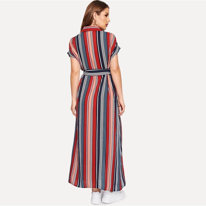 Colorful Striped Belted Hijab Shirt Dress Women Chic Spring Summer Button Short Sleeve Pocket Autumn Dresses - Vimost Shop