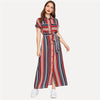 Colorful Striped Belted Hijab Shirt Dress Women Chic Spring Summer Button Short Sleeve Pocket Autumn Dresses - Vimost Shop