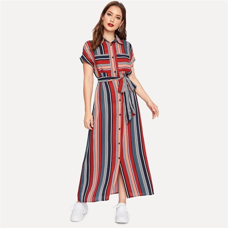 Colorful Striped Belted Hijab Shirt Dress Women Chic Spring Summer Button Short Sleeve Pocket Autumn Dresses - Vimost Shop