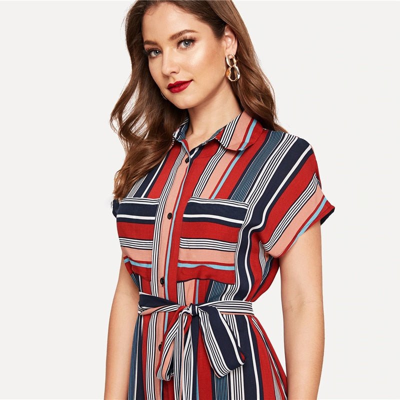 Colorful Striped Belted Hijab Shirt Dress Women Chic Spring Summer Button Short Sleeve Pocket Autumn Dresses - Vimost Shop