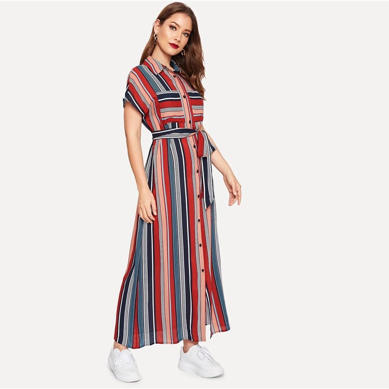 Colorful Striped Belted Hijab Shirt Dress Women Chic Spring Summer Button Short Sleeve Pocket Autumn Dresses - Vimost Shop