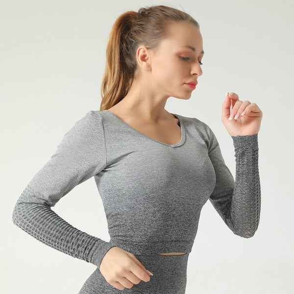 Colorvalue Seamless Ombre Yoga Sport Fitness Cropped Tops Women Stretchy Hollow Out Slim Fit Workout Gym Long Sleeved Shirts - Vimost Shop