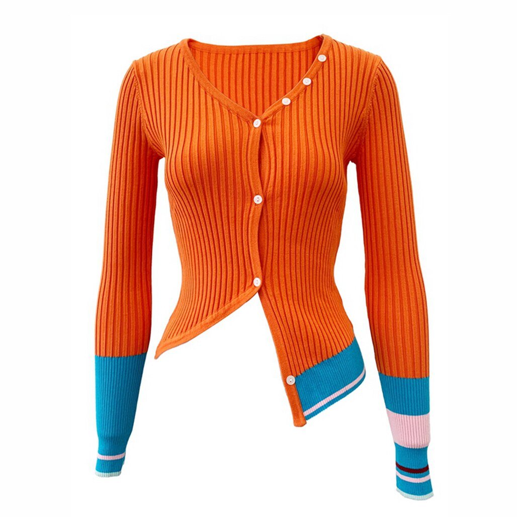 Contrast Color Stitching Irregular Thin Section Knitted Stretch Cardigan Ladies Spring Autumn New Fashion Slim Fit Top - Vimost Shop