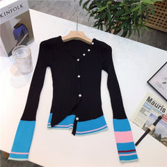 Contrast Color Stitching Irregular Thin Section Knitted Stretch Cardigan Ladies Spring Autumn New Fashion Slim Fit Top