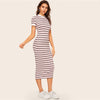 Contrast Neck And Cuff Striped Pencil Dress Preppy Colorblock Stretchy Spring Autumn Bodycon Women Dresses - Vimost Shop