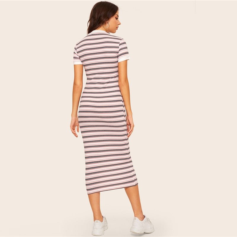Contrast Neck And Cuff Striped Pencil Dress Preppy Colorblock Stretchy Spring Autumn Bodycon Women Dresses - Vimost Shop