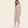 Contrast Neck And Cuff Striped Pencil Dress Preppy Colorblock Stretchy Spring Autumn Bodycon Women Dresses - Vimost Shop