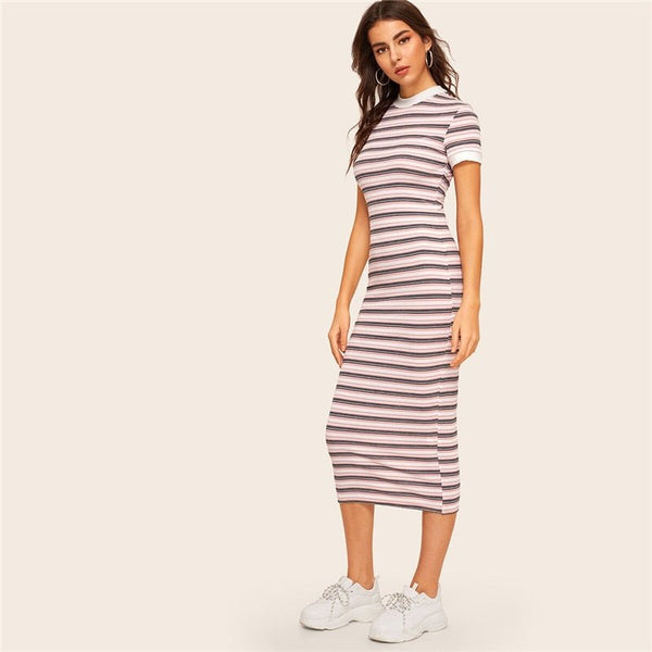 Contrast Neck And Cuff Striped Pencil Dress Preppy Colorblock Stretchy Spring Autumn Bodycon Women Dresses - Vimost Shop