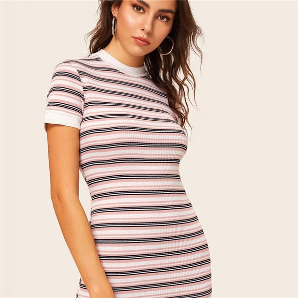 Contrast Neck And Cuff Striped Pencil Dress Preppy Colorblock Stretchy Spring Autumn Bodycon Women Dresses - Vimost Shop