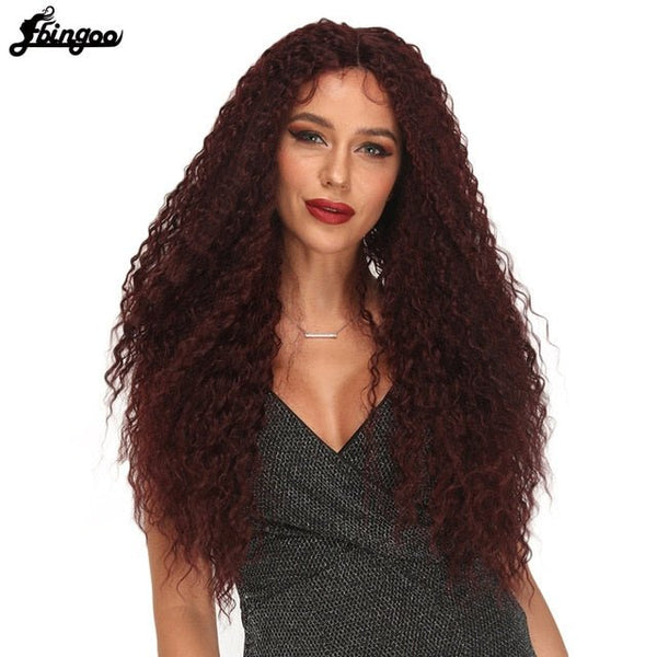 Copper Red Burgundy Black Synthetic Lace Front Wig with Baby Hair Long Afro kinky Curly Futura Wigs for Women - Vimost Shop