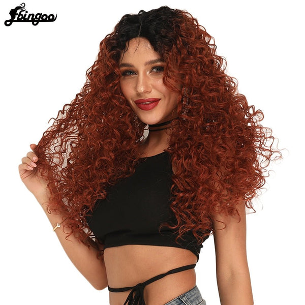 Copper Red Burgundy Black Synthetic Lace Front Wig with Baby Hair Long Afro kinky Curly Futura Wigs for Women - Vimost Shop