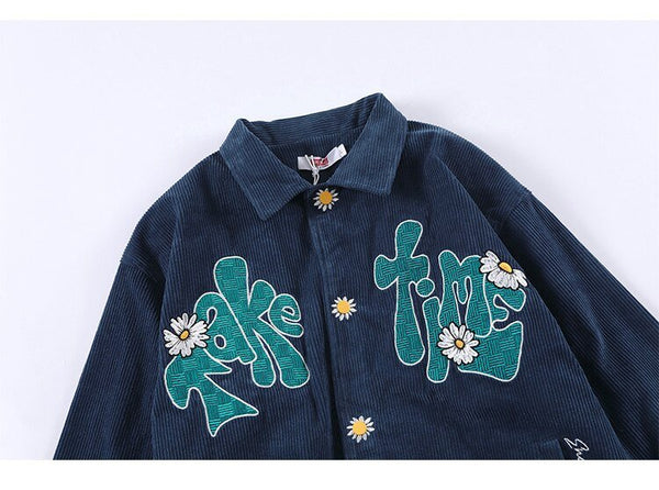 Corduroy Jacket Men Daisy Flowers Letter Embroidery Patchwork Coat Loose Harajuku Retro College Style Streetwear Unisex - Vimost Shop