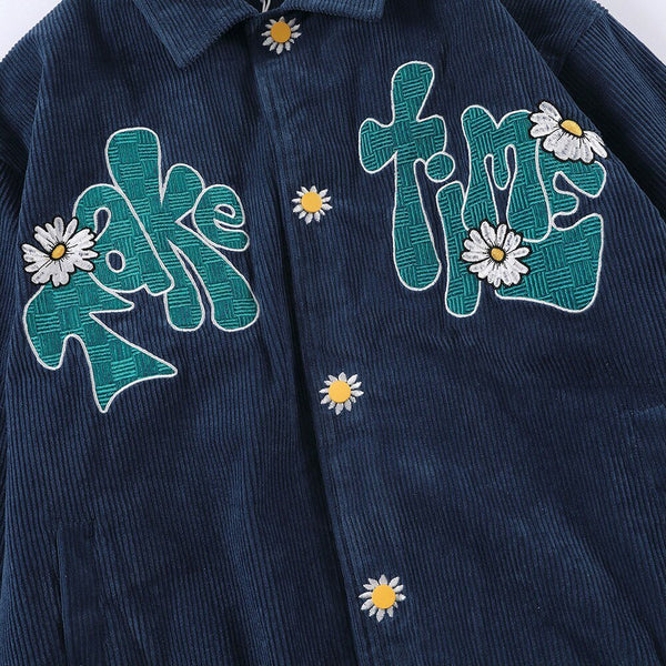 Corduroy Jacket Men Daisy Flowers Letter Embroidery Patchwork Coat Loose Harajuku Retro College Style Streetwear Unisex - Vimost Shop