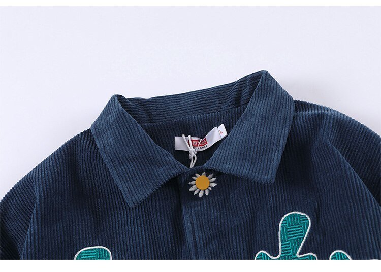 Corduroy Jacket Men Daisy Flowers Letter Embroidery Patchwork Coat Loose Harajuku Retro College Style Streetwear Unisex - Vimost Shop