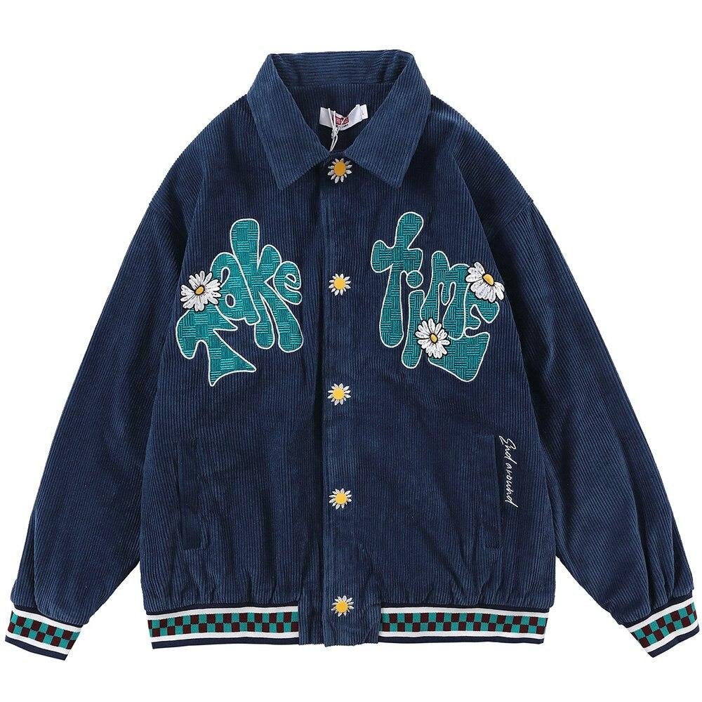Corduroy Jacket Men Daisy Flowers Letter Embroidery Patchwork Coat Loose Harajuku Retro College Style Streetwear Unisex - Vimost Shop