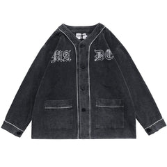 Corduroy V-Neck Punk Letter Embroidery Japanese Coat Jacket Men Casual Harajuku Vintage All-match Lovers Streetwear Men