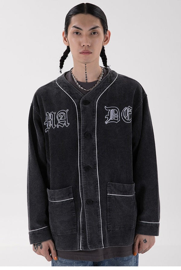 Corduroy V-Neck Punk Letter Embroidery Japanese Coat Jacket Men Casual Harajuku Vintage All-match Lovers Streetwear Men - Vimost Shop