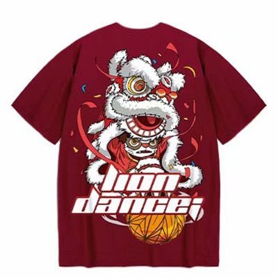 Cotton T-shirt Lion Dance Print Tide brand Hip Hop short sleeve Tee Chinese style man Summer street Fashion Casual top - Vimost Shop