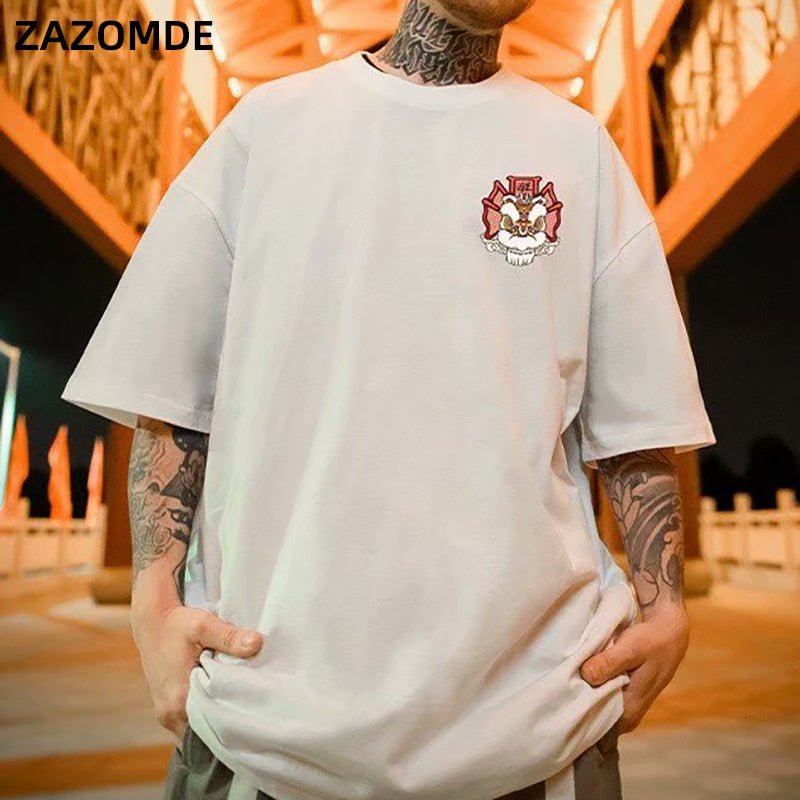 Cotton T-shirt Lion Dance Print Tide brand Hip Hop short sleeve Tee Chinese style man Summer street Fashion Casual top - Vimost Shop