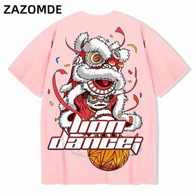 Cotton T-shirt Lion Dance Print Tide brand Hip Hop short sleeve Tee Chinese style man Summer street Fashion Casual top - Vimost Shop