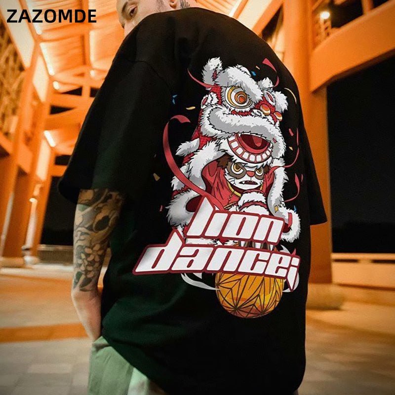 Cotton T-shirt Lion Dance Print Tide brand Hip Hop short sleeve Tee Chinese style man Summer street Fashion Casual top - Vimost Shop
