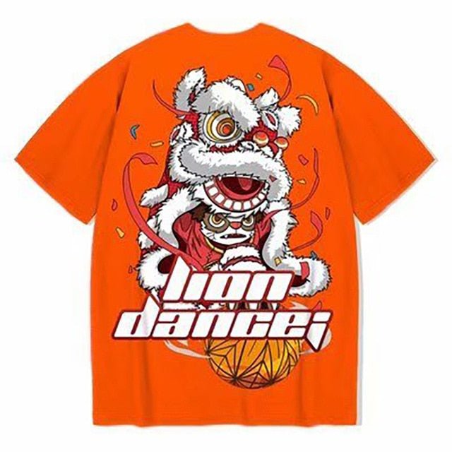 Cotton T-shirt Lion Dance Print Tide brand Hip Hop short sleeve Tee Chinese style man Summer street Fashion Casual top - Vimost Shop