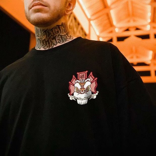 Cotton T-shirt Lion Dance Print Tide brand Hip Hop short sleeve Tee Chinese style man Summer street Fashion Casual top - Vimost Shop