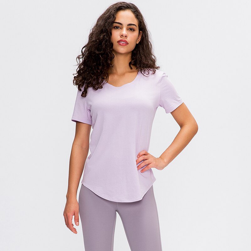 Cotton Yoga Exercise Workout T-shirt Women Anti-sweat Hip-length Running Fitness Gym Short Sleeve Shirts Tee - Vimost Shop